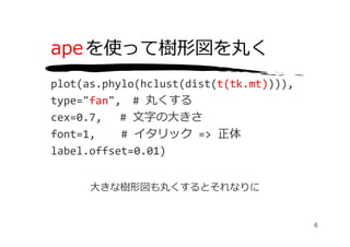 ape を使って樹形図を丸く
plot(as.phylo(hclust(dist(t(tk.mt)))),
type="fan", # 丸くする
cex=0.7,  # ⽂字の⼤きさ
font=1,    # イタリック => 正体
label.offset=0.01)


      ⼤きな樹形図も丸くするとそれなりに


                                         6
 