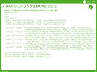 サイバー系


     VARのモデリングをMCMCで行う
  MCMCでVARモデリングして何の意味があるの？とか言わない
  sink("mcmc.jags")
  cat("
  model{
   for(t in p+1:T){
     Dol[t] ~ dnorm(Dol.mu[t], Dol.tau); Dna[t] ~ dnorm(Dna.mu[t], Dna.tau)
     Tak[t] ~ dnorm(Tak.mu[t], Tak.tau); Sny[t] ~ dnorm(Sny.mu[t], Sny.tau)
     Miz[t] ~ dnorm(Miz.mu[t], Miz.tau); Toy[t] ~ dnorm(Toy.mu[t], Toy.tau)

      Dol.mu[t] <- alp.Dol + beta.Dol2Dol[1]*Dol[t-1] + beta.Dna2Dol[1]*Dna[t-1] + beta.Tak2Dol[1]*Tak[t-1]
                             + beta.Sny2Dol[1]*Sny[t-1] + beta.Toy2Dol[1]*Toy[t-1] + beta.Miz2Dol[1]*Miz[t-1]
      Dna.mu[t] <- alp.Dna + beta.Dna2Dna[1]*Dna[t-1] + beta.Dol2Dna[1]*Dol[t-1] + beta.Tak2Dna[1]*Tak[t-1]
                               + beta.Sny2Dna[1]*Sny[t-1] + beta.Toy2Dna[1]*Toy[t-1] + beta.Miz2Dna[1]*Miz[t-1]
      Tak.mu[t] <- alp.Tak + beta.Tak2Tak[1]*Tak[t-1] + beta.Dol2Tak[1]*Dol[t-1] + beta.Dna2Tak[1]*Dna[t-1]
                             + beta.Sny2Tak[1]*Sny[t-1] + beta.Toy2Tak[1]*Toy[t-1] + beta.Miz2Tak[1]*Miz[t-1]
      Sny.mu[t] <- alp.Sny + beta.Sny2Sny[1]*Sny[t-1] + beta.Dol2Sny[1]*Dol[t-1] + beta.Dna2Sny[1]*Dna[t-1]
                              + beta.Tak2Sny[1]*Tak[t-1] + beta.Toy2Sny[1]*Toy[t-1] + beta.Miz2Sny[1]*Miz[t-1]
      Toy.mu[t] <- alp.Toy + beta.Toy2Toy[1]*Toy[t-1] + beta.Dol2Toy[1]*Dol[t-1] + beta.Dna2Toy[1]*Dna[t-1]
                             + beta.Tak2Toy[1]*Tak[t-1]+ beta.Sny2Toy[1]*Sny[t-1] + beta.Miz2Toy[1]*Miz[t-1]
      Miz.mu[t] <- alp.Miz + beta.Miz2Miz[1]*Miz[t-1] + beta.Dol2Miz[1]*Dol[t-1] + beta.Dna2Miz[1]*Dna[t-1]
                             + beta.Tak2Miz[1]*Tak[t-1] + beta.Sny2Miz[1]*Sny[t-1] + beta.Toy2Miz[1]*Toy[t-1]
    }
    alp.Dol ~ dnorm(0, 0.001); alp.Sny ~ dnorm(0, 0.001)
    alp.Toy ~ dnorm(0, 0.001); alp.Dna ~ dnorm(0, 0.001)
    alp.Tak ~ dnorm(0, 0.001); alp.Miz ~ dnorm(0, 0.001)




2012/10/20                                                                                                  22
 