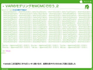 サイバー系


     VARのモデリングをMCMCで行う_2
for(m in 1:p){ #mは次数で今回は1
   beta.Dol2Dol[m] ~ dnorm(0,0.001); beta.Sny2Sny[m] ~ dnorm(0,0.001); beta.Toy2Toy[m] ~ dnorm(0,0.001)
   beta.Dna2Dna[m] ~ dnorm(0,0.001); beta.Tak2Tak[m] ~ dnorm(0,0.001); beta.Miz2Miz[m] ~ dnorm(0,0.001)
   beta.Sny2Dol[m] ~ dnorm(0,0.001); beta.Sny2Toy[m] ~ dnorm(0,0.001); beta.Sny2Yah[m] ~ dnorm(0,0.001)
   beta.Sny2Dna[m] ~ dnorm(0,0.001); beta.Sny2Tak[m] ~ dnorm(0,0.001); beta.Sny2Pan[m] ~ dnorm(0,0.001)
   beta.Sny2Miz[m] ~ dnorm(0,0.001); beta.Sny2Unq[m] ~ dnorm(0,0.001); beta.Dol2Sny[m] ~ dnorm(0,0.001)
   beta.Dol2Toy[m] ~ dnorm(0,0.001); beta.Dol2Yah[m] ~ dnorm(0,0.001); beta.Dol2Dna[m] ~ dnorm(0,0.001)
   beta.Dol2Tak[m] ~ dnorm(0,0.001); beta.Dol2Pan[m] ~ dnorm(0,0.001); beta.Dol2Miz[m] ~ dnorm(0,0.001)
   beta.Dol2Unq[m] ~ dnorm(0,0.001); beta.Toy2Dol[m] ~ dnorm(0,0.001); beta.Toy2Sny[m] ~ dnorm(0,0.001)
   beta.Toy2Yah[m] ~ dnorm(0,0.001); beta.Toy2Dna[m] ~ dnorm(0,0.001); beta.Toy2Tak[m] ~ dnorm(0,0.001)
   beta.Toy2Pan[m] ~ dnorm(0,0.001); beta.Toy2Miz[m] ~ dnorm(0,0.001); beta.Toy2Unq[m] ~ dnorm(0,0.001)
   beta.Dna2Dol[m] ~ dnorm(0,0.001); beta.Dna2Sny[m] ~ dnorm(0,0.001); beta.Dna2Yah[m] ~ dnorm(0,0.001)
   beta.Dna2Toy[m] ~ dnorm(0,0.001); beta.Dna2Tak[m] ~ dnorm(0,0.001); beta.Dna2Pan[m] ~ dnorm(0,0.001)
   beta.Dna2Miz[m] ~ dnorm(0,0.001); beta.Dna2Unq[m] ~ dnorm(0,0.001); beta.Tak2Dol[m] ~ dnorm(0,0.001)
   beta.Tak2Sny[m] ~ dnorm(0,0.001); beta.Tak2Yah[m] ~ dnorm(0,0.001); beta.Tak2Dna[m] ~ dnorm(0,0.001)
   beta.Tak2Toy[m] ~ dnorm(0,0.001); beta.Tak2Pan[m] ~ dnorm(0,0.001); beta.Tak2Miz[m] ~ dnorm(0,0.001)
   beta.Tak2Unq[m] ~ dnorm(0,0.001); beta.Miz2Dol[m] ~ dnorm(0,0.001); beta.Miz2Sny[m] ~ dnorm(0,0.001)
   beta.Miz2Dna[m] ~ dnorm(0,0.001); beta.Miz2Tak[m] ~ dnorm(0,0.001); beta.Miz2Toy[m] ~ dnorm(0,0.001)
 }
 Dol.tau ~ dgamma(0.001, 0.001); Sny.tau ~ dgamma(0.001, 0.001); Toy.tau ~ dgamma(0.001, 0.001)
 Dna.tau ~ dgamma(0.001, 0.001); Tak.tau ~ dgamma(0.001, 0.001); Miz.tau ~ dgamma(0.001, 0.001)
}
", fill=TRUE)
sink()




 ＊betaは二次元配列にすればスッキリ書けるが、結果の見やすさのために冗長に記述した

2012/10/20                                                                                           23
 