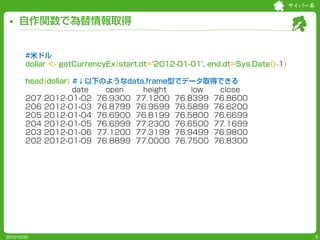 サイバー系


     自作関数で為替情報取得


        #米ドル
        dollar <- getCurrencyEx(start.dt=‘2012-01-01’, end.dt=Sys.Date()-1)

        head(dollar) #↓以下のようなdata.frame型でデータ取得できる
                     date open   height    low  close
        207 2012-01-02 76.9300 77.1200 76.8399 76.8600
        206 2012-01-03 76.8799 76.9599 76.5899 76.6200
        205 2012-01-04 76.6900 76.8199 76.5800 76.6699
        204 2012-01-05 76.6999 77.2300 76.6500 77.1699
        203 2012-01-06 77.1200 77.3199 76.9499 76.9800
        202 2012-01-09 76.8899 77.0000 76.7500 76.8300




2012/10/20                                                                            6
 