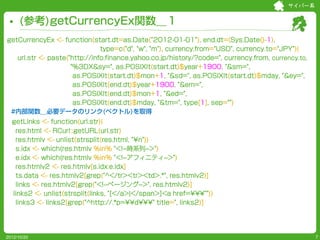 サイバー系


     (参考)getCurrencyEx関数＿１
getCurrencyEx <- function(start.dt=as.Date(“2012-01-01”), end.dt=(Sys.Date()-1),
                               type=c("d", "w", "m"), currency.from="USD", currency.to="JPY"){
   url.str <- paste("http://info.finance.yahoo.co.jp/history/?code=", currency.from, currency.to,
                     "%3DX&sy=", as.POSIXlt(start.dt)$year+1900, "&sm=",
                      as.POSIXlt(start.dt)$mon+1, "&sd=", as.POSIXlt(start.dt)$mday, "&ey=",
                      as.POSIXlt(end.dt)$year+1900, "&em=",
                      as.POSIXlt(end.dt)$mon+1, "&ed=",
                      as.POSIXlt(end.dt)$mday, "&tm=", type[1], sep="")
 #内部関数＿必要データのリンク(ベクトル)を取得
  getLinks <- function(url.str){
   res.html <- RCurl::getURL(url.str)
   res.htmlv <- unlist(strsplit(res.html, "¥n"))
   s.idx <- which(res.htmlv %in% "<!--時系列-->")
   e.idx <- which(res.htmlv %in% "<!--アフィニティ-->")
   res.htmlv2 <- res.htmlv[s.idx:e.idx]
   ts.data <- res.htmlv2[grep("^</tr><tr><td>.*", res.htmlv2)]
   links <- res.htmlv2[grep("<!--ページング-->", res.htmlv2)]
  links2 <- unlist(strsplit(links, "[</a>|</span>]<a href=¥¥¥""))
   links3 <- links2[grep("^http://.*p=¥¥d¥¥¥" title=", links2)]




2012/10/20                                                                                          7
 