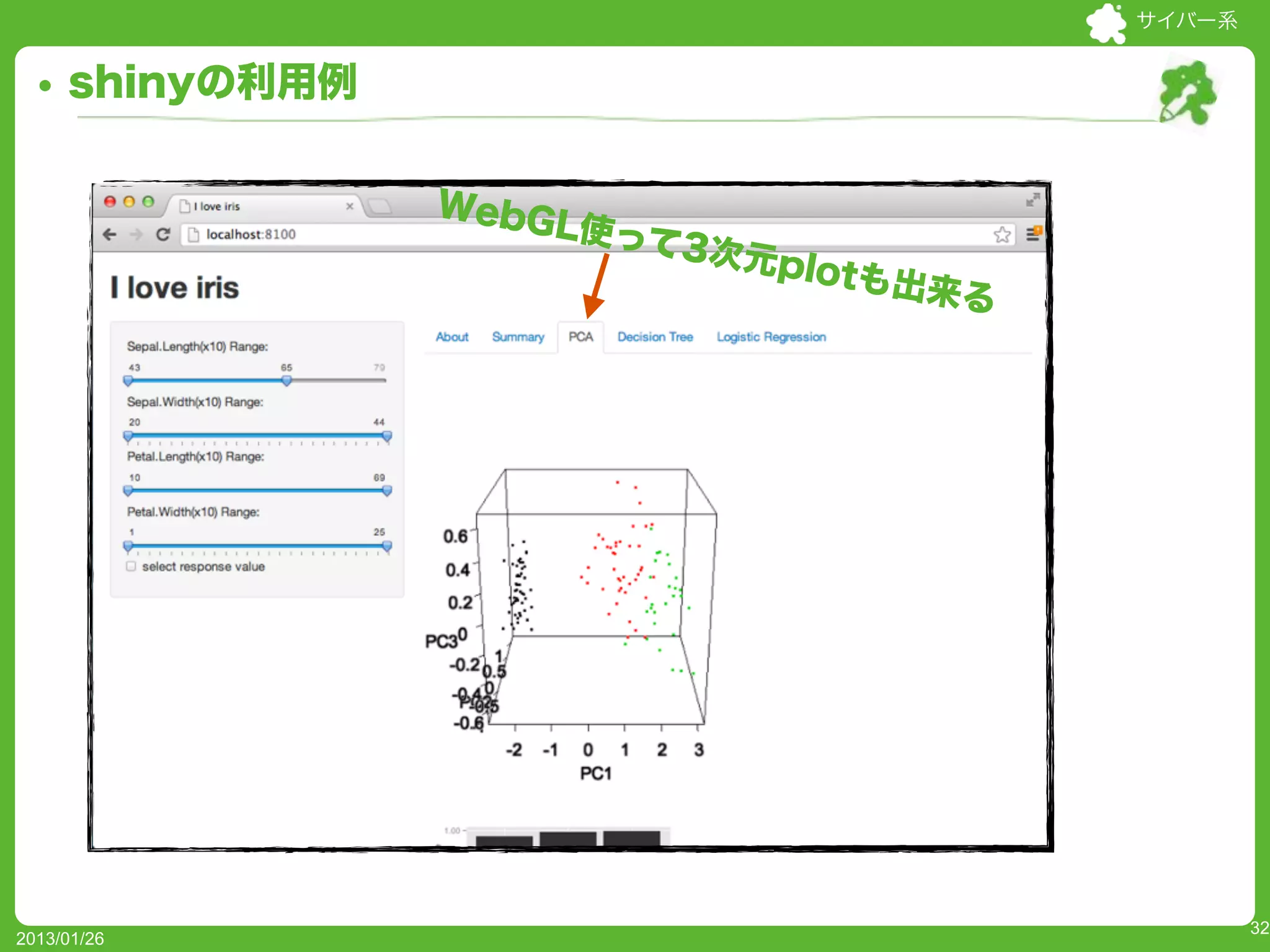 サイバー系


     shinyの利用例

                 WebG
                     L使って
                         3次元p
                             lotも出
                                  来る




                                               32
2013/01/26
 