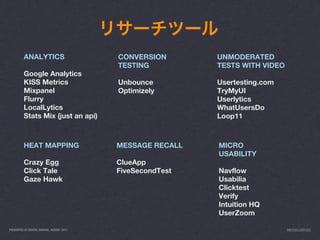 ANALYTICS                        CONVERSION       UNMODERATED
                                           TESTING          TESTS WITH VIDEO
          Google Analytics
          KISS Metrics                     Unbounce         Usertesting.com
          Mixpanel                         Optimizely       TryMyUI
          Flurry                                            Userlytics
          LocalLytics                                       WhatUsersDo
          Stats Mix (just an api)                           Loop11



          HEAT MAPPING                     MESSAGE RECALL   MICRO
                                                            USABILITY
          Crazy Egg                        ClueApp
          Click Tale                       FiveSecondTest   Navflow
          Gaze Hawk                                         Usabilia
                                                            Clicktest
                                                            Verify
                                                            Intuition HQ
                                                            UserZoom

PRESENTED AT DIGITAL GARAGE, AUGUST 2011                                       INFO@LUXR.CO
 