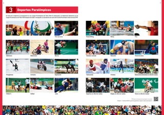 Atletismo Voleibol sentado
Powerlifting
Fútbol 5
Bádminton Natación
Remo
Golbol
Boccia Tenis de mesa
Tiro
Judo
Piragüismo Taekwondo
Esgrima en silla de ruedas
Ciclismo Triatlón
Rugby en silla de ruedas
Equitación Baloncesto/basketbolensilladeruedas
Tenis en silla de ruedas
Tiro con arco
Un total de 22 deportes se presentarán en los Juegos Paralímpicos de Tokio 2020. El taekwondo y el bádminton debutarán en los
Juegos Paralímpicos deTokio 2020 después de haber conseguido su aprobación por parte del Comité Paralímpico Internacional (CPI).
3 Deportes Paralímpicos
Si desea más información sobre cada deporte, sírvase visitar:
https://tokyo2020.jp/en/games/sport/paralympic/
6 7
 