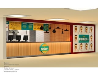 Burger + 
Personalidade de marca 
Naming 
Design de marca 
Universo visual & verbal 
Ambientação de PDV 
 