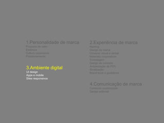1.Personalidade de marca 
Proposta de valor 
Essência 
Cultura corporativa 
Posicionamento 
2.Experiência de marca 
Naming 
Design de marca 
Universo visual e verbal 
Materiais corporativos 
Embalagem 
Design de conceito 
Ambientação de PDV 
Sinalização 
Brand book e guidelines 
3.Ambiente digital 
UI design 
Apps e mobile 
Sites responsivos 
4.Comunicação de marca 
Conteúdo customizado 
Design editorial 
 