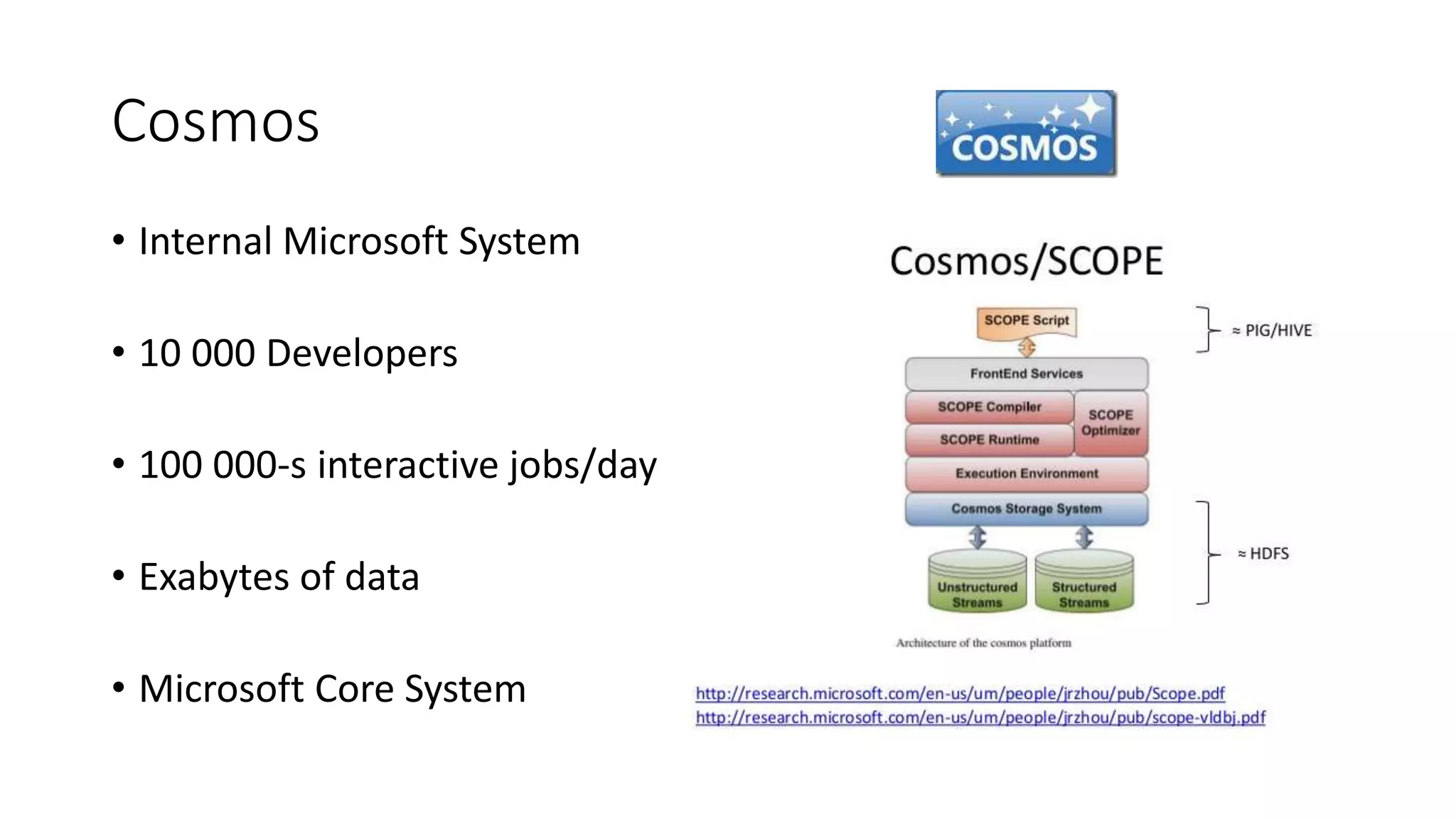Cosmos
• Internal Microsoft System
• 10 000 Developers
• 100 000-s interactive jobs/day
• Exabytes of data
• Microsoft Core System
 