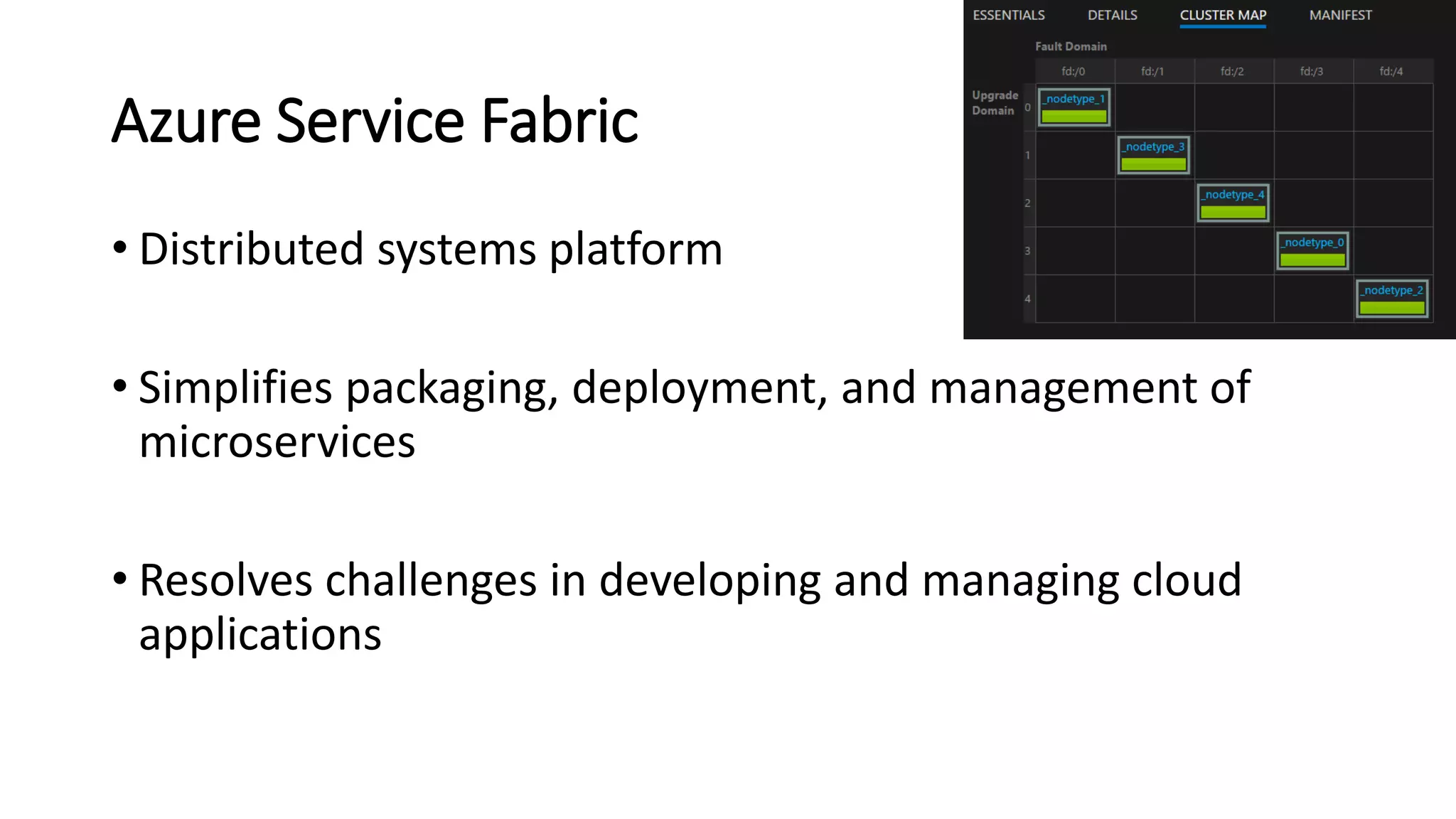 Azure Service Fabric
• Distributed systems platform
• Simplifies packaging, deployment, and management of
microservices
• Resolves challenges in developing and managing cloud
applications
 
