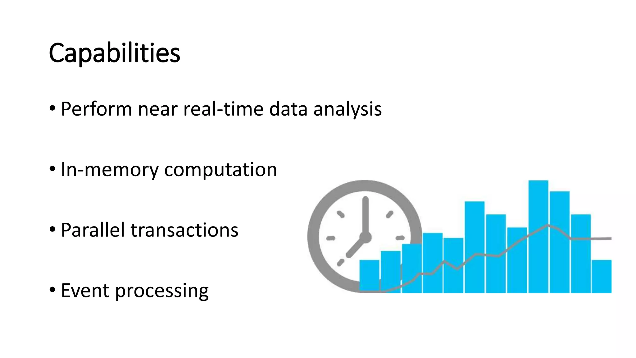 Capabilities
• Perform near real-time data analysis
• In-memory computation
• Parallel transactions
• Event processing
 