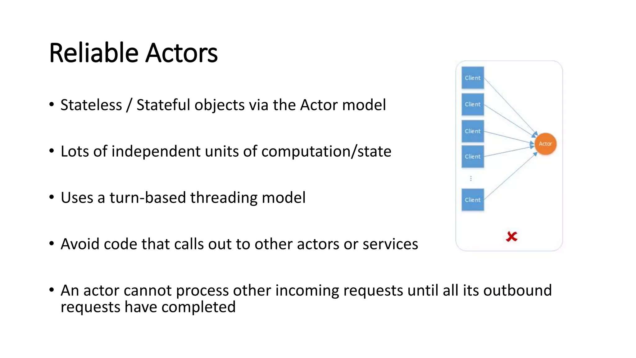 Reliable Actors
• Stateless / Stateful objects via the Actor model
• Lots of independent units of computation/state
• Uses a turn-based threading model
• Avoid code that calls out to other actors or services
• An actor cannot process other incoming requests until all its outbound
requests have completed
 