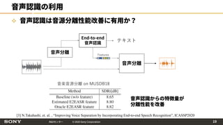 R&Dセンター © 2020 Sony Corporation
音声認識の利用
 音声認識は音源分離性能改善に有用か？
Features
End-to-end
音声認識
テキスト
音声分離
音声分離
音声認識からの特徴量が
分離性能を改善
音楽音源分離 on MUSDB18
[3] N.Takahashi, et. al. , “Improving Voice Separation by Incorporating End-to-end Speech Recognition”, ICASSP2020
19
 