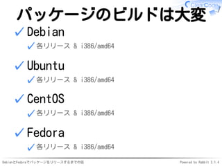 DebianとFedoraでパッケージをリリースするまでの話 Powered by Rabbit 2.1.4
パッケージのビルドは大変
Debian
各リリース & i386/amd64✓
✓
Ubuntu
各リリース & i386/amd64✓
✓
CentOS
各リリース & i386/amd64✓
✓
Fedora
各リリース & i386/amd64✓
✓
 