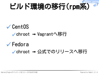 DebianとFedoraでパッケージをリリースするまでの話 Powered by Rabbit 2.1.4
ビルド環境の移行(rpm系)
CentOS
chroot ➟ Vagrantへ移行✓
✓
Fedora
chroot ➟ 公式でのリリースヘ移行✓
✓
 