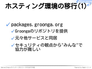 DebianとFedoraでパッケージをリリースするまでの話 Powered by Rabbit 2.1.4
ホスティング環境の移行(1)
packages.groonga.org
Groongaのリポジトリを提供✓
元々他サービスと同居✓
セキュリティの観点から"みんな"で
協力が難しい
✓
✓
 
