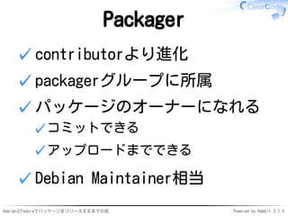 DebianとFedoraでパッケージをリリースするまでの話 Powered by Rabbit 2.1.4
Packager
contributorより進化✓
packagerグループに所属✓
パッケージのオーナーになれる
コミットできる✓
アップロードまでできる✓
✓
Debian Maintainer相当✓
 