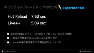 #UE4 | @UNREALENGINE
実行できるようになるまでの時間比較
Hot Reload 7.53 sec
Live++ 5.09 sec
---Experimental---
● 上記は何度かタイマーで計測して平均した、およその時間
● これまでの機能であるHotReloadよりも速い
● Live++の場合実行中でも変更可能なメリットも
 