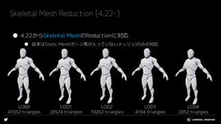 Skeletal Mesh Reduction [4.22-]
● 4.22からSkeletal MeshのReductionに対応
● 従来はStatic Mesh(ボーン等が入っていないメッシュ)のみの対応
LOD0
41052 triangles
LOD1
20524 triangles
LOD2
10262 triangles
LOD3
4104 triangles
LOD4
2052 triangles
 