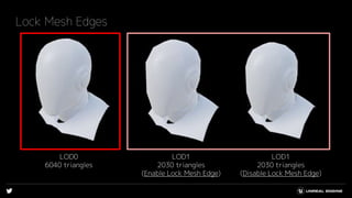 Lock Mesh Edges
LOD0
6040 triangles
LOD1
2030 triangles
(Disable Lock Mesh Edge)
LOD1
2030 triangles
(Enable Lock Mesh Edge)
 
