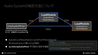 #UE4 | @UNREALENGINE
Audio Systemの指定方法について
● AudioDeviceModuleNameとAudioMixerModuleNameは
WindowsEngine.ini等Configで設定
● au.IsUsingAudioMixer ?で現在の設定を確認
LoadModule
AudioDevice
ModuleName
LoadModule
AudioMixer
ModuleName
UseAudioMixer
True
False
False
Configの[Audio]のUseAudioMixer
または、起動時の-AudioMixer引数
 