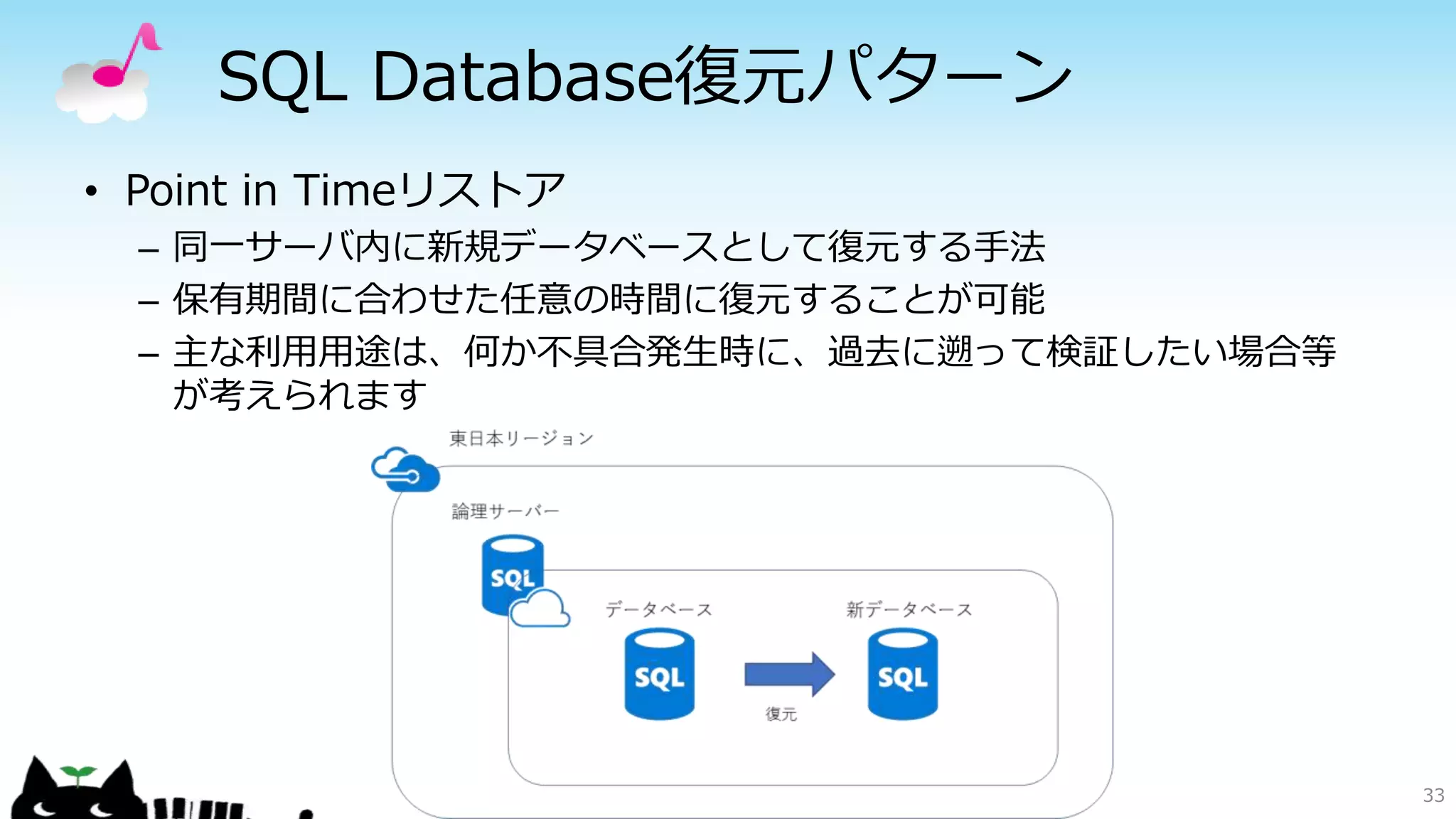 SQL Database復元パターン
• Point in Timeリストア
– 同一サーバ内に新規データベースとして復元する手法
– 保有期間に合わせた任意の時間に復元することが可能
– 主な利用用途は、何か不具合発生時に、過去に遡って検証したい場合等
が考えられます
33
 