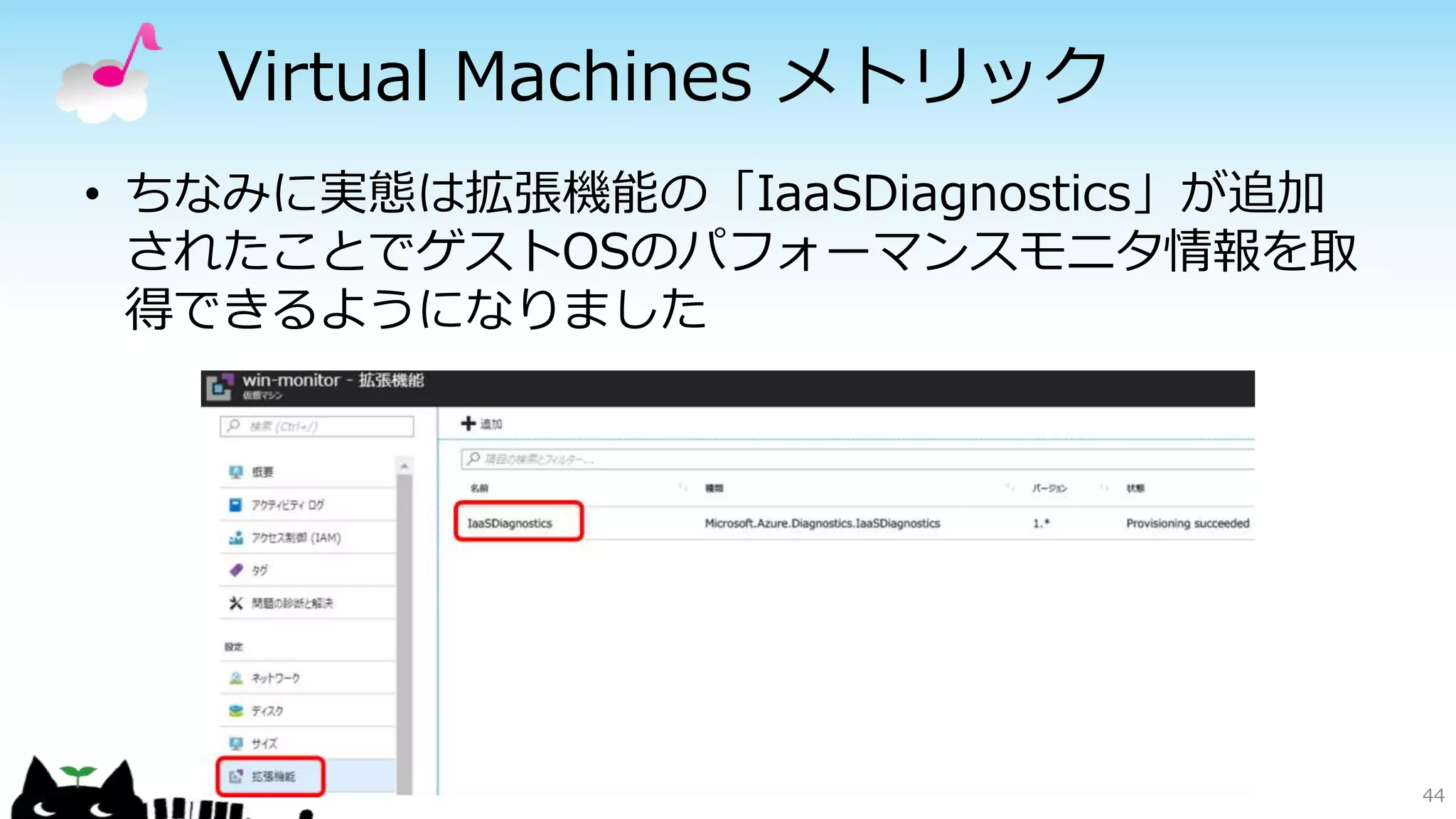 Virtual Machines メトリック
• ちなみに実態は拡張機能の「IaaSDiagnostics」が追加
されたことでゲストOSのパフォーマンスモニタ情報を取
得できるようになりました
44
 