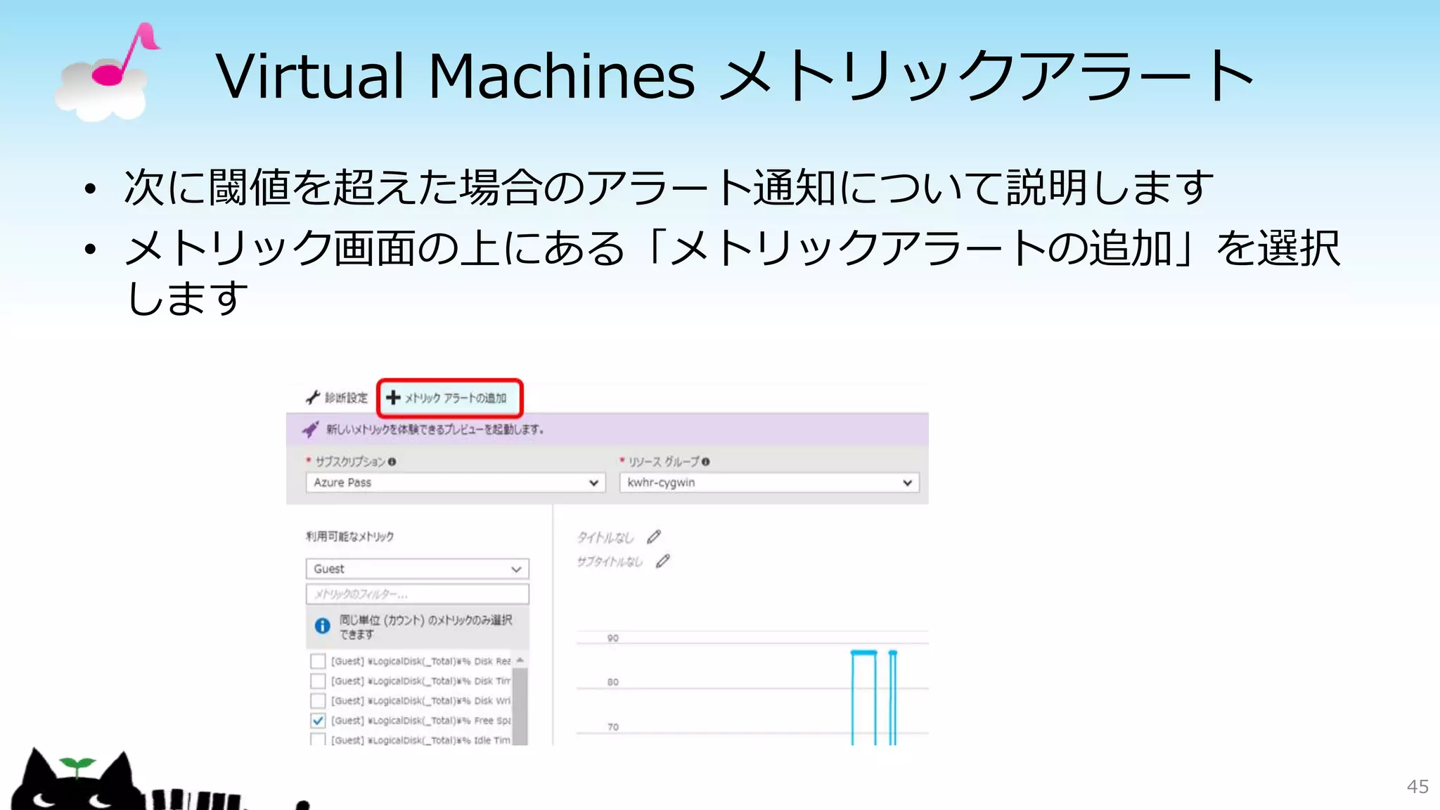 Virtual Machines メトリックアラート
• 次に閾値を超えた場合のアラート通知について説明します
• メトリック画面の上にある「メトリックアラートの追加」を選択
します
45
 