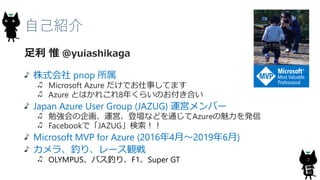 自己紹介
2
足利 惟 @yuiashikaga
株式会社 pnop 所属
Microsoft Azure だけでお仕事してます
Azure とはかれこれ8年くらいのお付き合い
Japan Azure User Group (JAZUG) 運営メンバー
勉強会の企画、運営、登壇などを通じてAzureの魅力を発信
Facebookで「JAZUG」検索！！
Microsoft MVP for Azure (2016年4月～2019年6月)
カメラ、釣り、レース観戦
OLYMPUS、バス釣り、F1、Super GT
 