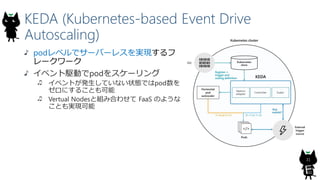 KEDA (Kubernetes-based Event Drive
Autoscaling)
31
podレベルでサーバーレスを実現するフ
レークワーク
イベント駆動でpodをスケーリング
イベントが発生していない状態ではpod数を
ゼロにすることも可能
Vertual Nodesと組み合わせて FaaS のような
ことも実現可能
 