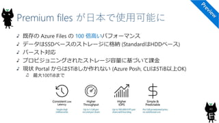 Premium files が日本で使用可能に
既存の Azure Files の 100 倍高いパフォーマンス
データはSSDベースのストレージに格納 (StandardはHDDベース)
バースト対応
プロビジョニングされたストレージ容量に基づいて課金
現状 Portal からは5TiBしか作れない (Azure Posh, CLIは5TiB以上OK)
最大100TiBまで
40
 