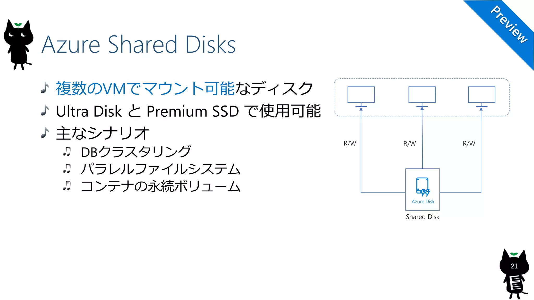 Azure Shared Disks
21
複数のVMでマウント可能なディスク
Ultra Disk と Premium SSD で使用可能
主なシナリオ
DBクラスタリング
パラレルファイルシステム
コンテナの永続ボリューム
R/W R/W
Shared Disk
Azure Disk
R/W
 