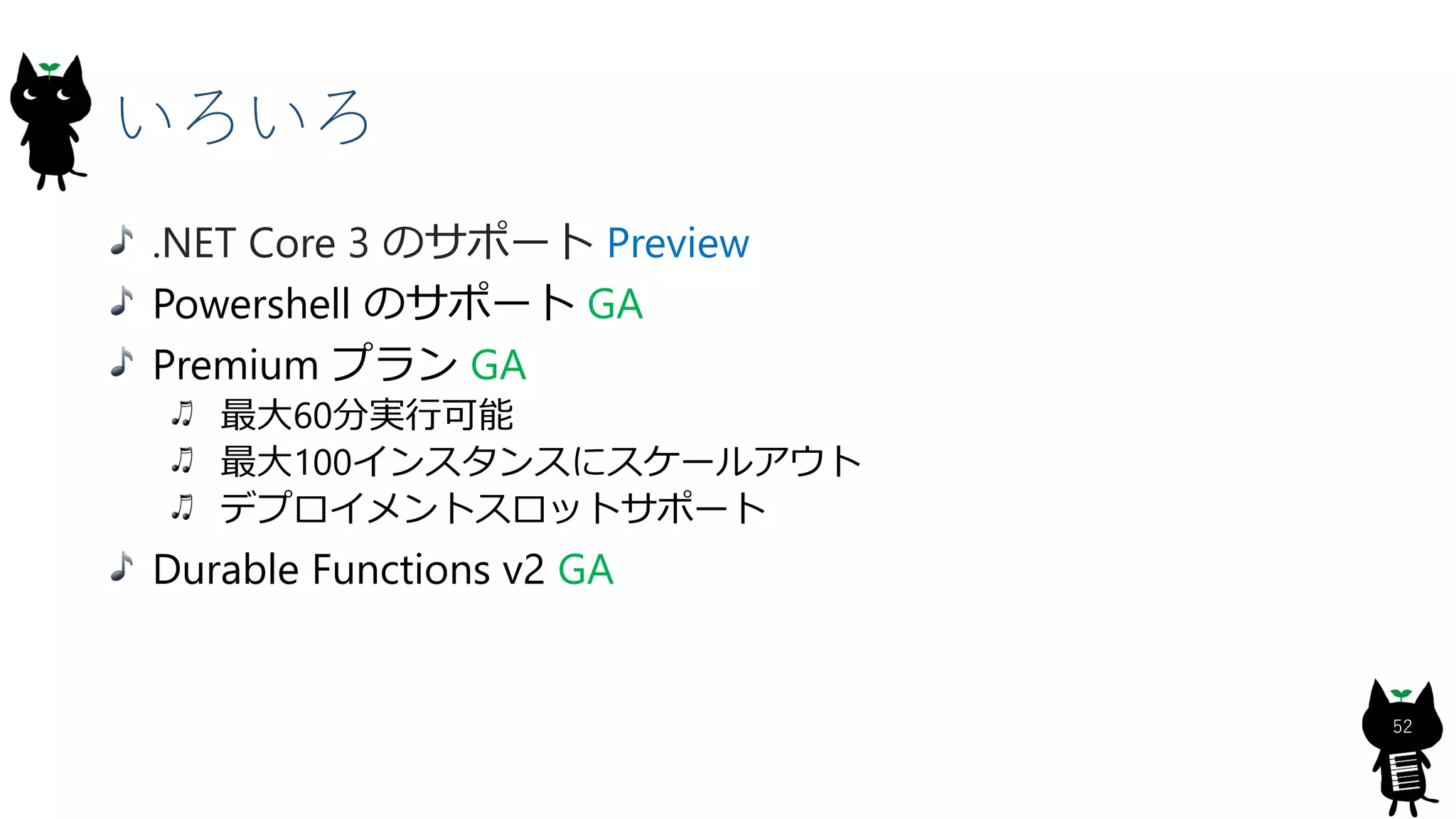 いろいろ
52
.NET Core 3 のサポート Preview
Powershell のサポート GA
Premium プラン GA
最大60分実行可能
最大100インスタンスにスケールアウト
デプロイメントスロットサポート
Durable Functions v2 GA
 