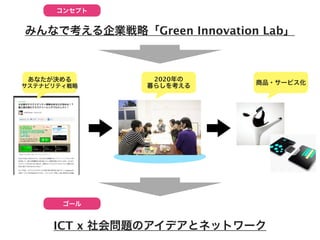 コンセプト


みんなで考える企業戦略「Green Innovation Lab」



 あなたが決める       2020年の
                            商品・サービス化
サステナビリティ戦略    暮らしを考える




       ゴール


     ICT x 社会問題のアイデアとネットワーク
 