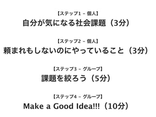 【ステップ1 - 個人】

  自分が気になる社会課題（3分）

         【ステップ2 - 個人】

頼まれもしないのにやっていること（3分）

        【ステップ3 - グループ】

     課題を絞ろう（5分）

        【ステップ4 - グループ】

  Make a Good Idea!!!（10分）
 