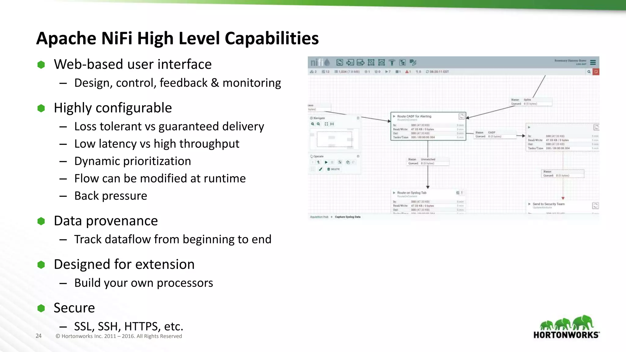 24 © Hortonworks Inc. 2011 – 2016. All Rights Reserved
Apache NiFi High Level Capabilities
 Web-based user interface
– Design, control, feedback & monitoring
 Highly configurable
– Loss tolerant vs guaranteed delivery
– Low latency vs high throughput
– Dynamic prioritization
– Flow can be modified at runtime
– Back pressure
 Data provenance
– Track dataflow from beginning to end
 Designed for extension
– Build your own processors
 Secure
– SSL, SSH, HTTPS, etc.
 