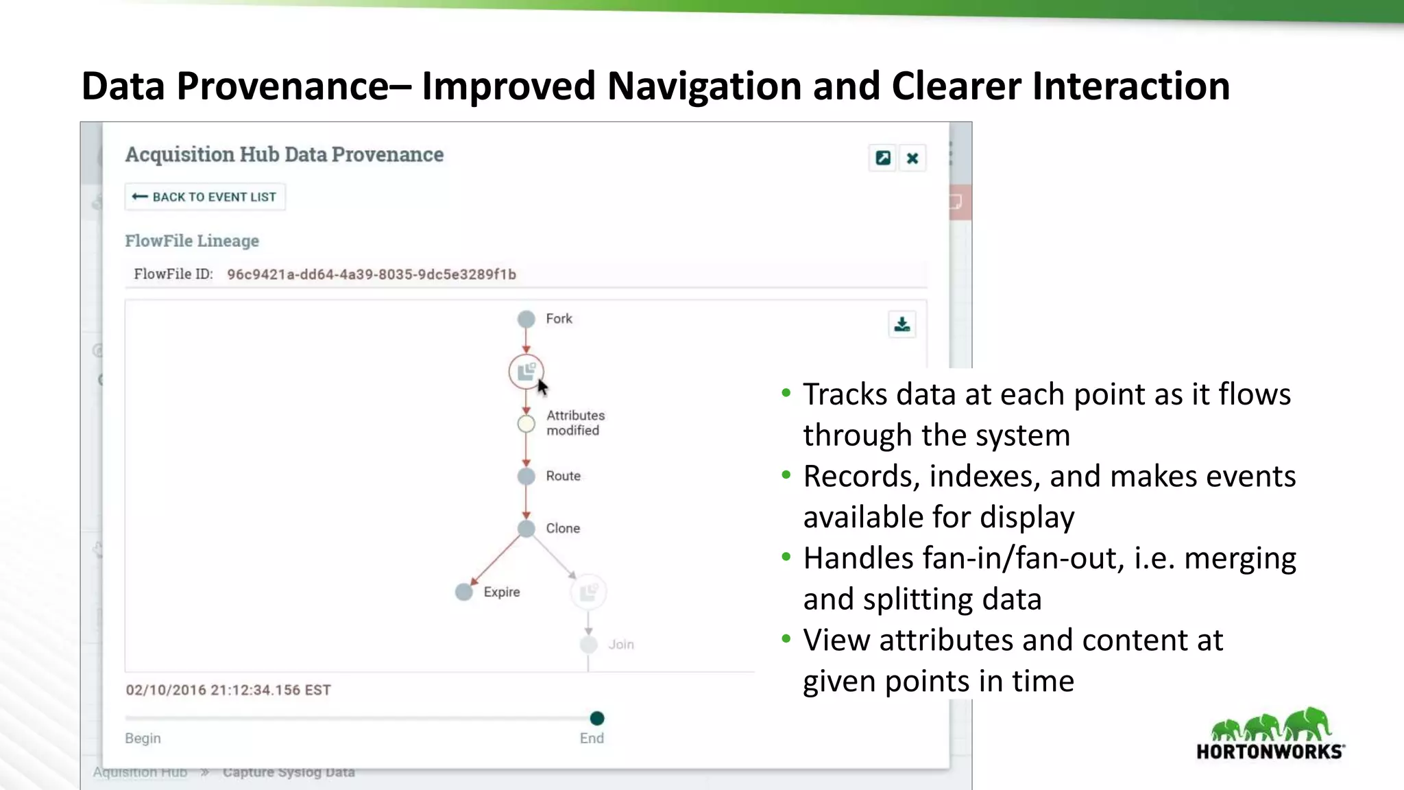 36 © Hortonworks Inc. 2011 – 2016. All Rights Reserved
Data Provenance– Improved Navigation and Clearer Interaction
• Tracks data at each point as it flows
through the system
• Records, indexes, and makes events
available for display
• Handles fan-in/fan-out, i.e. merging
and splitting data
• View attributes and content at
given points in time
 