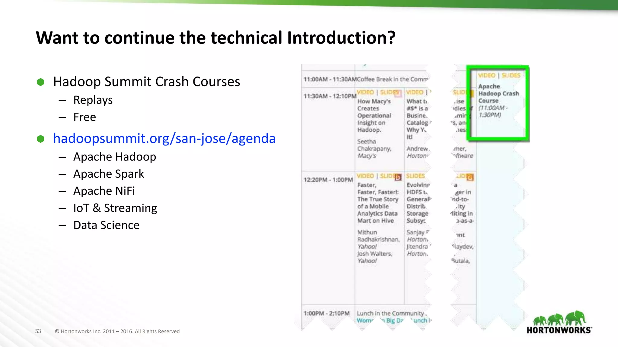 53 © Hortonworks Inc. 2011 – 2016. All Rights Reserved
Want to continue the technical Introduction?
 Hadoop Summit Crash Courses
– Replays
– Free
 hadoopsummit.org/san-jose/agenda
– Apache Hadoop
– Apache Spark
– Apache NiFi
– IoT & Streaming
– Data Science
 