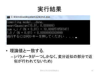 実行結果




• 理論値と一致する.
 – (パラメータが一つしかなく、変分近似の部分で近
   似が行われてないため)

         第5回自然言語処理勉強会    11
 