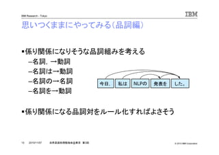 © 2010 IBM Corporation
IBM Research - Tokyo
13 自然言語処理勉強会@東京 第3回2010/11/07
思いつくままにやってみる（品詞編）
係り関係になりそうな品詞組みを考える
–名詞，→動詞
–名詞は→動詞
–名詞の→名詞
–名詞を→動詞
係り関係になる品詞対をルール化すればよさそう
今日， 私は NLPの 発表を した。
 