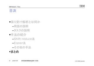 © 2010 IBM Corporation
IBM Research - Tokyo
51 自然言語処理勉強会@東京 第3回2010/11/07
目次
係り受け解析とは何か
–用語の説明
–タスクの説明
手法の紹介
–Shift-reduce法
–Eisner法
–その他の手法
まとめ
 
