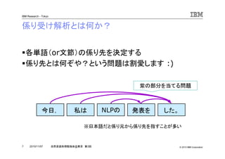 © 2010 IBM Corporation
IBM Research - Tokyo
7 自然言語処理勉強会@東京 第3回2010/11/07
係り受け解析とは何か？
各単語（or文節）の係り先を決定する
係り先とは何ぞや？という問題は割愛します :)
今日， 私は NLPの 発表を した。
※日本語だと係り元から係り先を指すことが多い
紫の部分を当てる問題
 