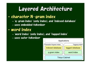 Layered Architecture
• character N-gram index
  – "q-gram index" (only index), and "indexed database"
  – uses embedded tokenizer

• word index
  – "word index" (only index), and "tagged index"
  – uses outer tokenizer
                                                Applications
                             Character N-gram Index            Tagging Index

                               indexed database         tagged database

                                 q-gram index              word index

                                              Tokyo Cabinet
 
