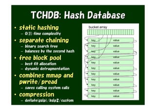 TCHDB: Hash Database
• static hashing                  bucket array

  – O(1) time complexity

• separate chaining                key           value

  – binary search tree             key           value

  – balances by the second hash    key           value

• free block pool                  key           value

                                   key           value
  – best fit allocation
  – dynamic defragmentation        key           value


• combines mmap and                key

                                   key
                                                 value

                                                 value
  pwrite/pread                     key           value
  – saves calling system calls
                                   key           value
• compression                      key           value
  – deflate(gzip)/bzip2/custom
 