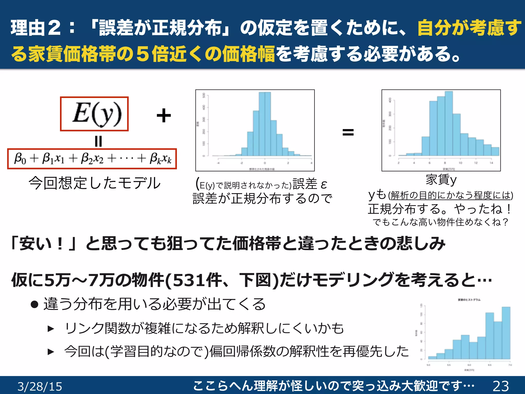 理由２：「誤差が正規分布」の仮定を置くために、自分が考慮す
る家賃価格帯の５倍近くの価格幅を考慮する必要がある。
仮に5万〜～7万の物件(531件、下図)だけモデリングを考えると…  
• 違う分布を⽤用いる必要が出てくる  
‣リンク関数が複雑になるため解釈しにくいかも  
‣今回は(学習⽬目的なので)偏回帰係数の解釈性を再優先した
233/29/15
家賃y
yも(解析の目的にかなう程度には)
正規分布する。やったね！
でもこんな高い物件住めなくね？
=
+
(E(y)で説明されなかった)誤差ε
誤差が正規分布するので
=
今回想定したモデル
ここらへん理解が怪しいので突っ込み大歓迎です…
「安い！」と思っても狙ってた価格帯と違ったときの悲しみ
 