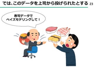 では､このデータを上司から投げられたとする 23
寿司データで
ベイズモデリングして！
 