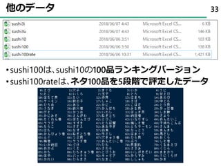 他のデータ
•sushi100は､sushi10の100品ランキングバージョン
•sushi100rateは､ネタ100品を5段階で評定したデータ
33
 