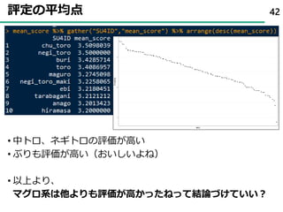 評定の平均点
• 中トロ、ネギトロの評価が高い
• ぶりも評価が高い（おいしいよね）
• 以上より、
マグロ系は他よりも評価が高かったねって結論づけていい？
42
 