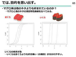 では､目的を思い出す｡
• マグロ系は他のネタよりも好まれているのか？
→マグロと他のネタの項目特性曲線を比べてみる｡
65
まぐろ いくら
いくらの傾きが急
→いくらはまぐろよりも好き嫌い（の識別）が分かれやすい。
 