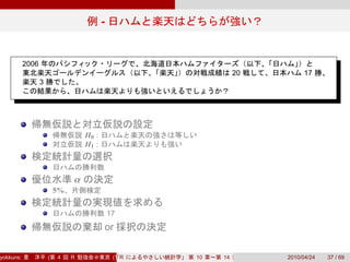 -


           2006
                                                                         20        17
                  3




                                   H0 :
                                   H1 :



                               α
                          5%

                                              17
                                              or

yokkuns:              (   4    R               (Tokyo.R#04))
                                                  R            10   14        2010/04/24   37 / 69
 