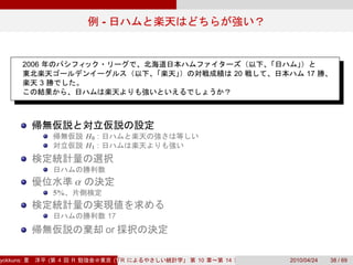-


           2006
                                                                         20        17
                  3




                                   H0 :
                                   H1 :



                               α
                          5%

                                              17
                                              or

yokkuns:              (   4    R               (Tokyo.R#04))
                                                  R            10   14        2010/04/24   38 / 69
 