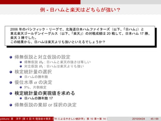 -


           2006
                                                                         20        17
                  3




                                   H0 :
                                   H1 :



                               α
                          5%


                                              17

                                              or

yokkuns:              (   4    R               (Tokyo.R#04))
                                                  R            10   14        2010/04/24   45 / 69
 